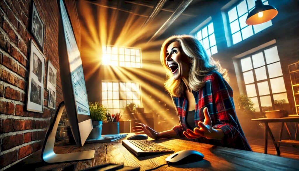 Slash Your Overheads (How Energy-Efficient Appliances Can Supercharge Your Real Estate ROI) - ecstatic lady landlord looking at her computer in a home office