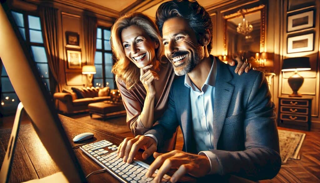 Slash Your Overheads (How Energy-Efficient Appliances Can Supercharge Your Real Estate ROI) - smiling couple using a computer in luxury home office