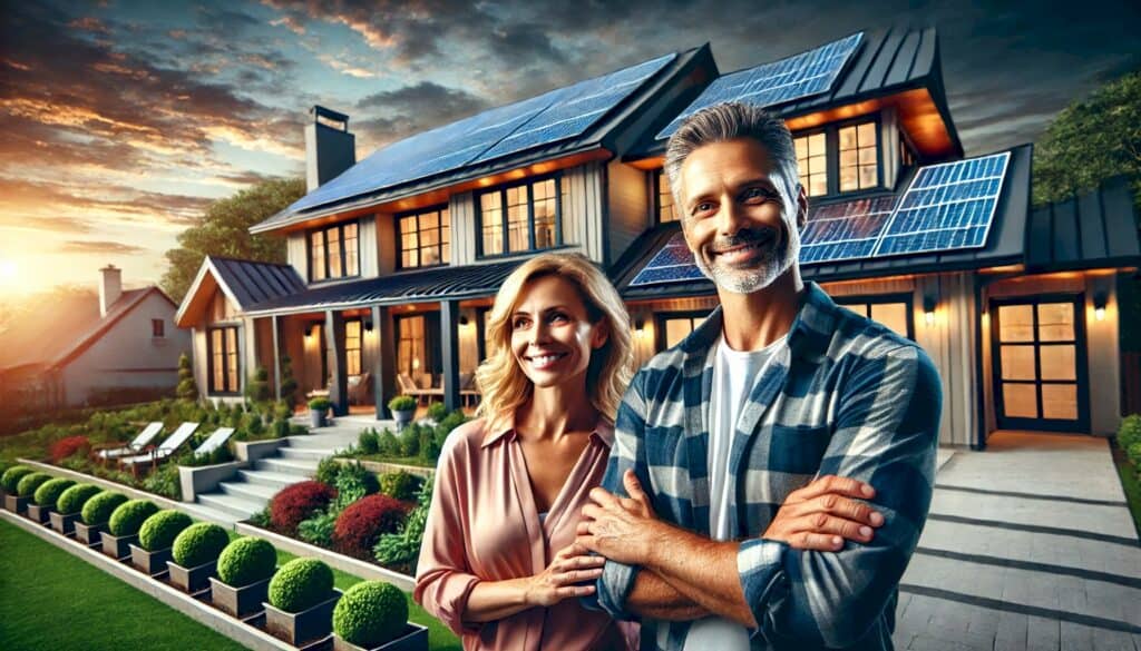 Slash Your Overheads (How Energy-Efficient Appliances Can Supercharge Your Real Estate ROI) - happy landlord couple standing outside in front of their energy-efficient rental home