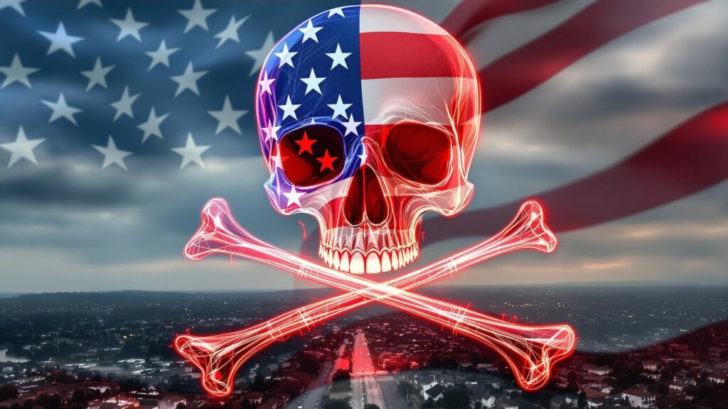 U.S. Real Estate Faces Investor Nightmare with Impending Delinquency and Foreclosure Crisis - artistic rendition of a city intertwined with the American flag and skull and crossbones