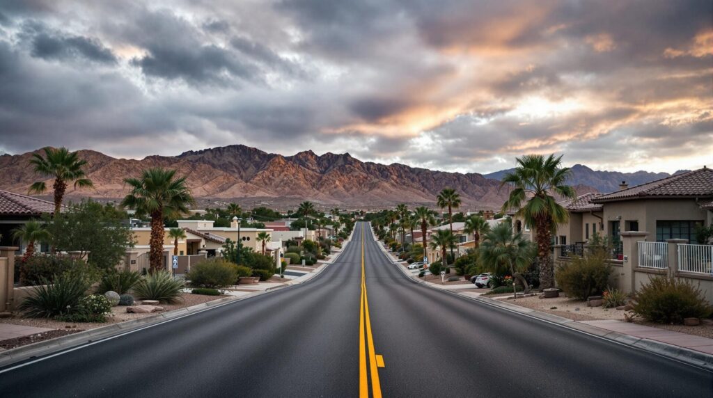 Las Vegas Real Estate Mogul Faces Federal Indictment in Sweeping Fraud Case - an empty Las Vegas residential neighborhood street on a cloudy day